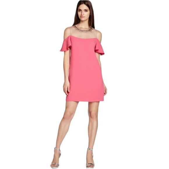 BCBGMAXAZRIA Candace Beaded Cold Shoulder Dress Pink Size 10 - Picture 1 of 9